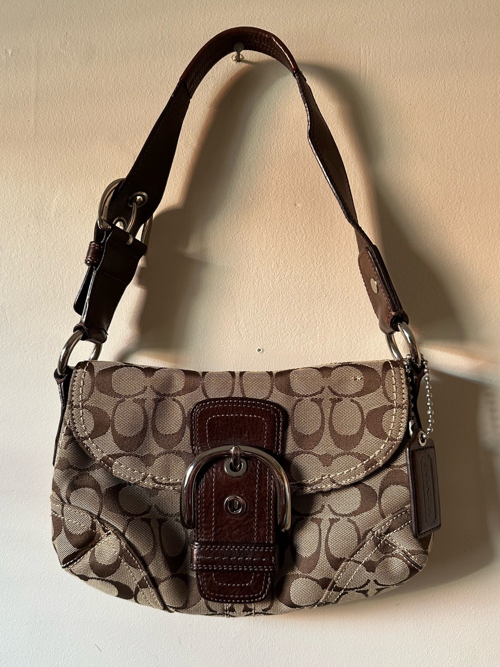 Vintage Y2K Coach Signature SoHo Flap Bag Large Buckle Brown Tan